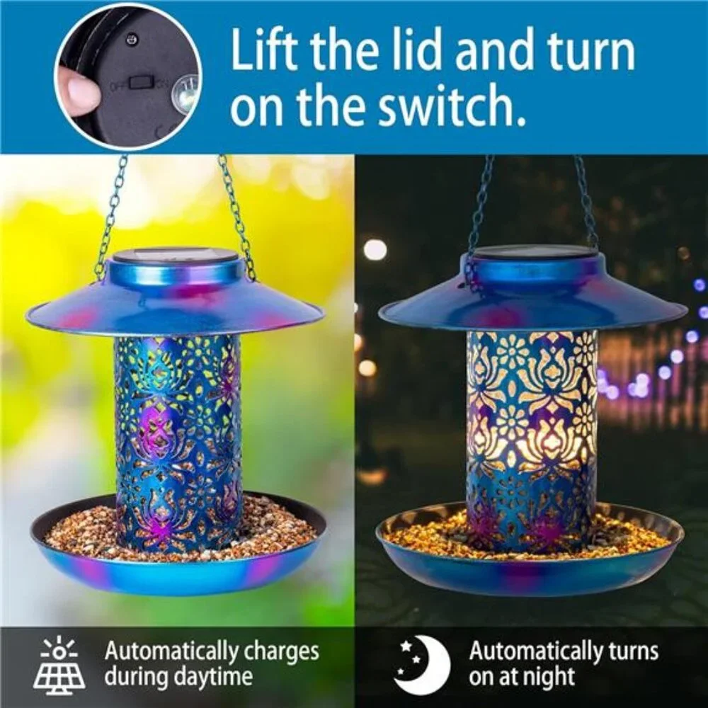 Solar Bird Feeder for Outdoors Hanging, Metal Wild Cardinals Garden Lantern